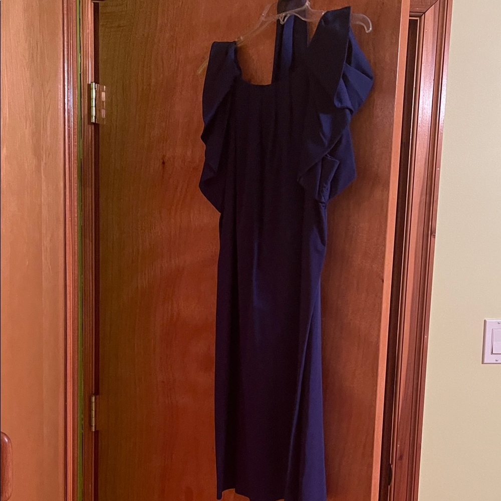 Diane Von Furstenberg Navy Ruffle-Shoulder Mini Dress